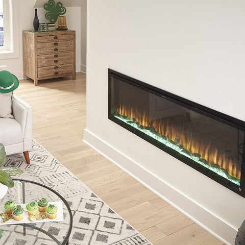 Touchstone Sideline 60 Elite Electric Fireplace with orange flame and green embers for St. Patrick's Day