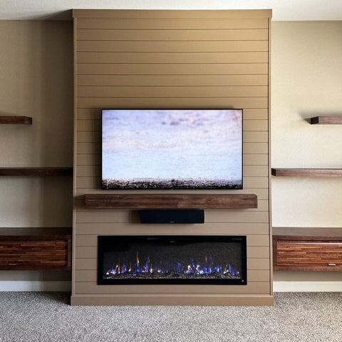 Touchstone Sideline Elite 60 Smart Electric Fireplace in light brown shiplap wall by Accent Wall Designs, Arizona