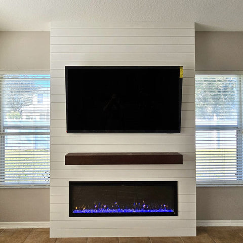 Shiplap accent wall with Touchstone Sideline Elite 60 Smart Electric Fireplace and Encase Mantel in Espresso, Radek Prestige Carpentry