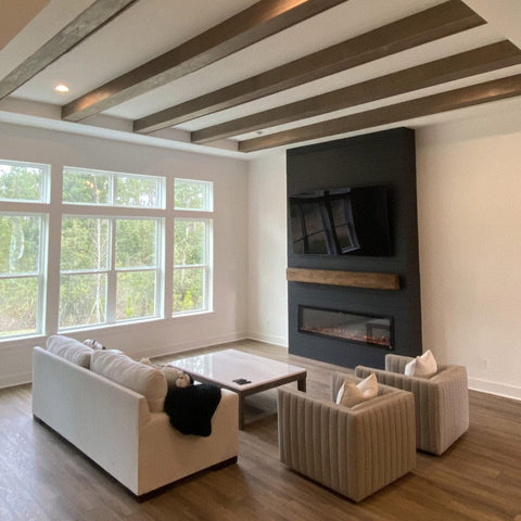 Touchstone Sideline Elite 72 Smart Electric Fireplace in natural living room by @redsdesignsllc