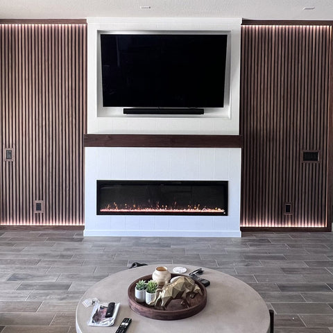 Touchstone Sideline Elite 72 Smart Electric Fireplace in Walnut slat accent wall with Walnut mantel by Rust and Oak, Arizona