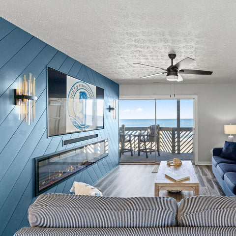 Touchstone Sideline elite 84 Smart Electric Fireplace in SC beach house, @palmettoandbirch