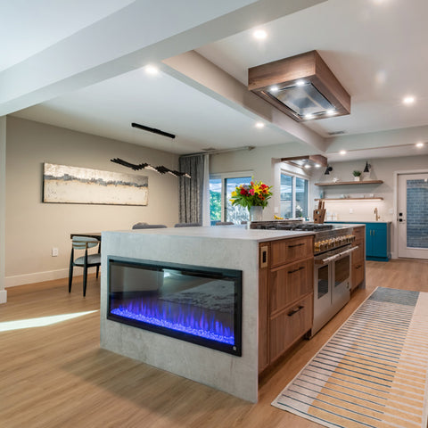 Touchstone Sideline Elite 50 Smart Electric Fireplace in kitchen island Florida by ProRemodeler Magazine