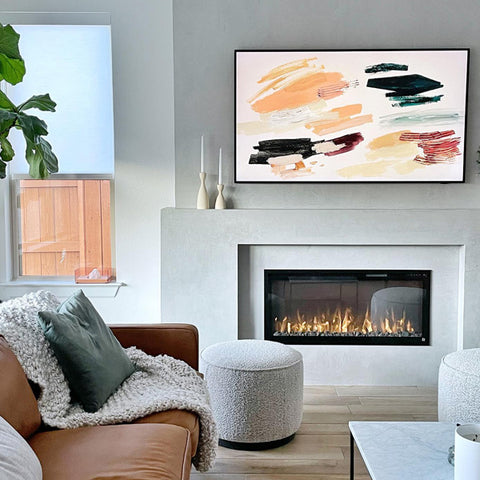 Touchstone Sideline Elite Smart Electric Fireplace in roman clay accent wall by @casa_giselle
