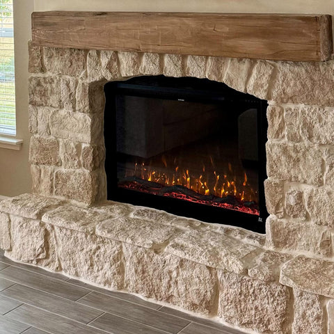Touchstone Sideline Elite Forte® Smart Electric Fireplace installed in a rustic stone wall mantel by Red's Designs LLC