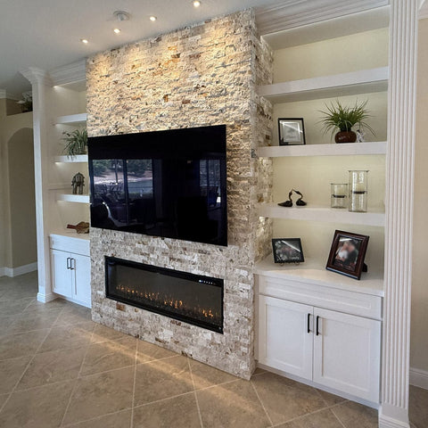 Touchstone Sideline Elite Pro 72 inch smart electric fireplace in faux stone wall by Legacy Woodworks LLC Florida