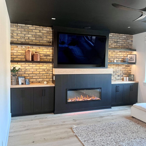 Touchstone Sideline Elite Pro 50 Smart Electric Fireplace in accent wall with White Oak Hardwood and white wall finish by Rust and Oak, Arizona