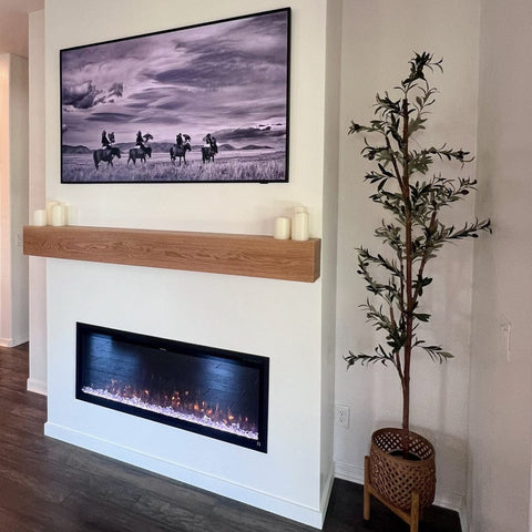 Touchstone Sideline Elite 60 Smart Electric Fireplace in white accent wall with white oak mantel, @rust_and_oak
