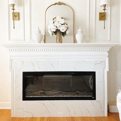 Touchstone Sideline Elite Smart Electric Fireplace with marble tile by @prettytwinkledesign