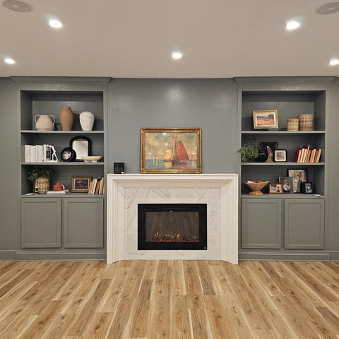 Basement accent wall with The Forte® Smart Electric Fireplace Touchstone Home Products and @truemanstreasures
