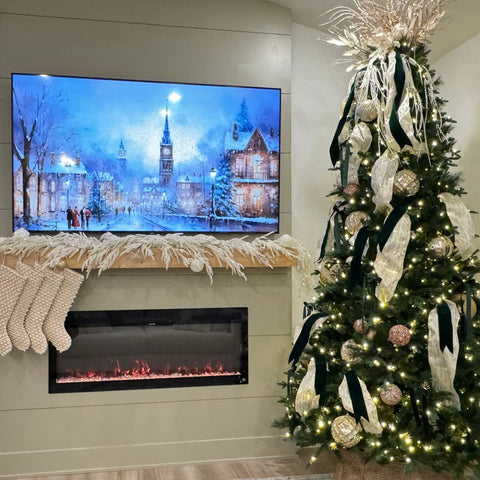 The Touchstone Sideline Fury Smart Electric Fireplace and Encase Mantel decorated for Christmas, photo credit @thehouseforhosting
