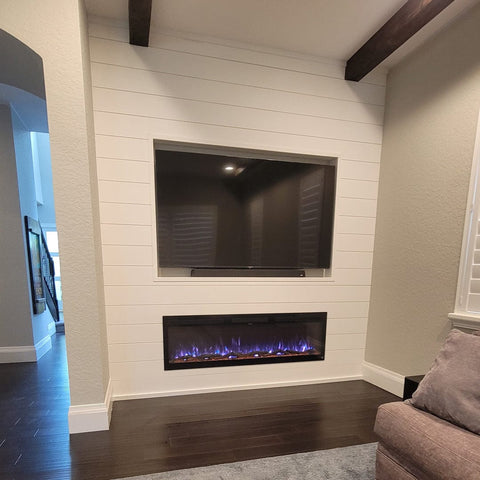 Touchstone Sideline Fury 65 Smart Electric Fireplace in shiplap wall by @palmbeachcraftsman