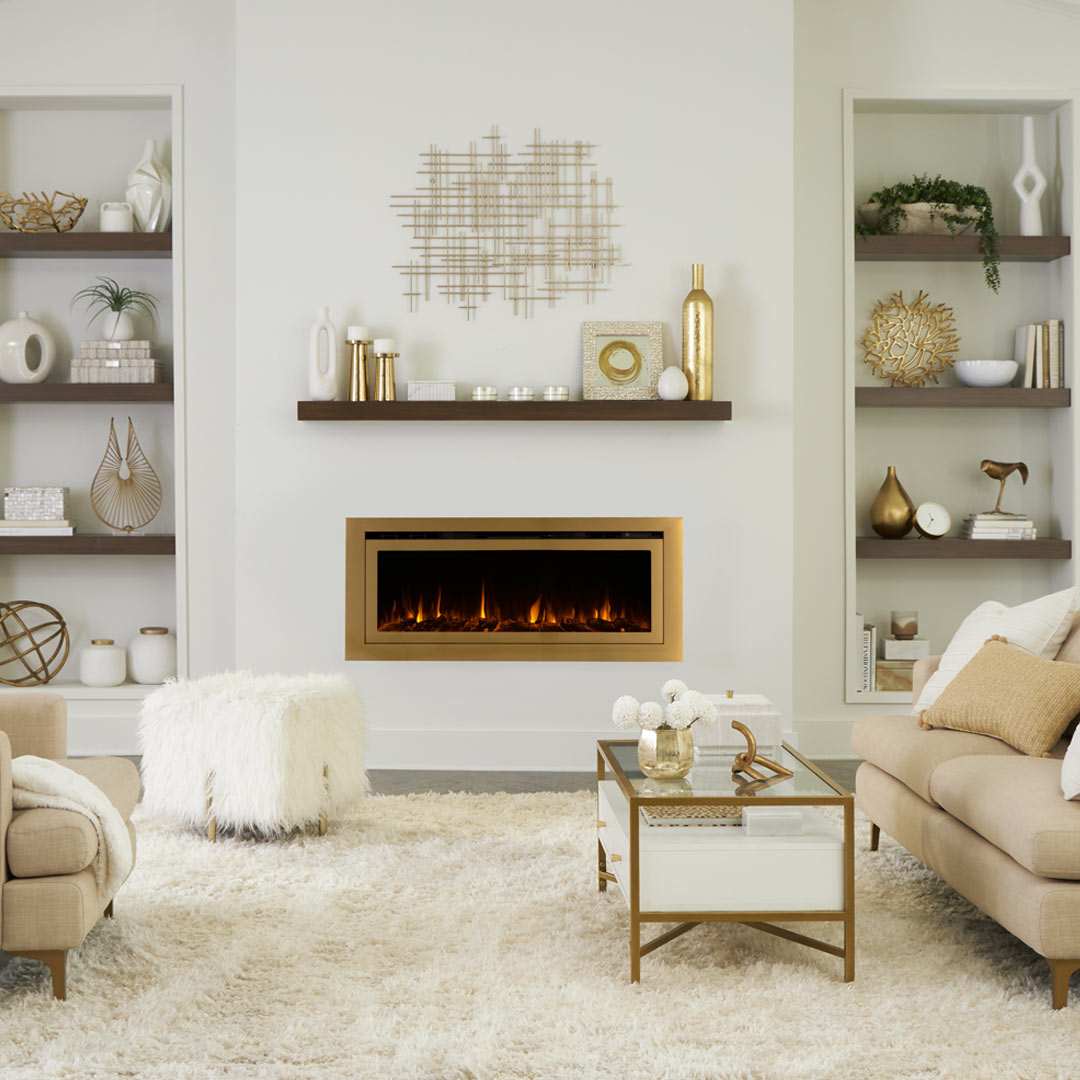 Touchstone Sideline Deluxe Gold Smart Electric Fireplace in a glam style room