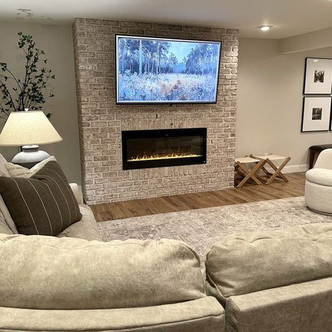 Finished basement featuring Touchstone Sideline 50 Smart Electric Fireplace, photo credit @thehawkins.onthehill