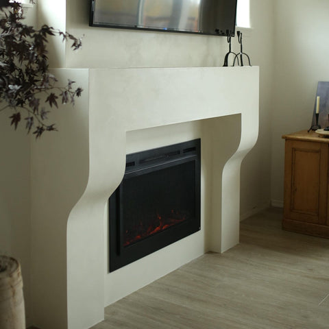 Touchstone Forte Steel Electric Fireplace in angled mantel, credit @drab.to.dreamy
