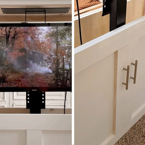SRV Pro TV Lift in a cabinet in the upright position by @simplyminedesigns