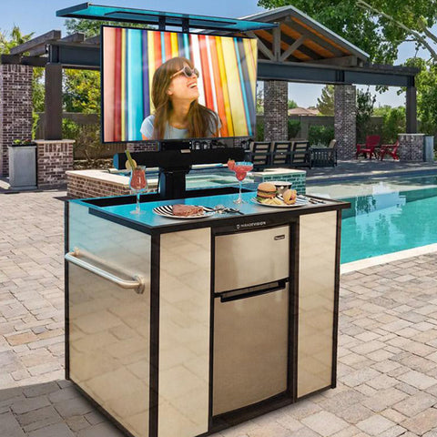 Outdoor TV Lift Cabinet with Fridge featuring Touchstone TV Lift Global Outdoor Concepts