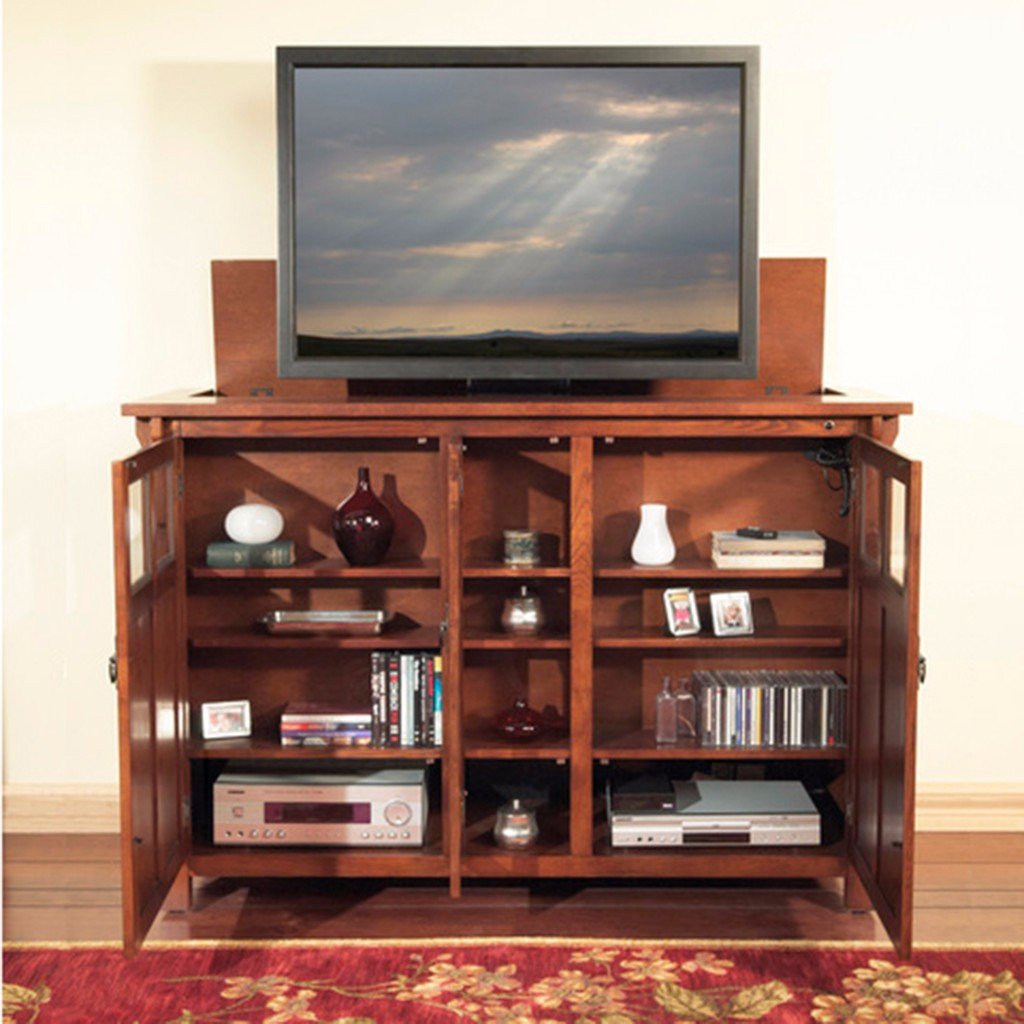 The Bungalow 70062 TV Lift Cabinet for 60 inch Flat screen TVs with cabinets open.