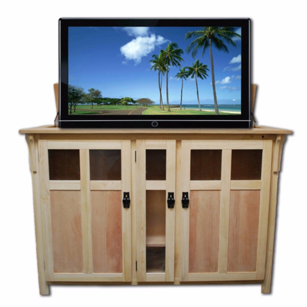 The Bungalow 70162 Unfinished TV Lift Cabinet for 60" Flat screen TVs pictured from the front.