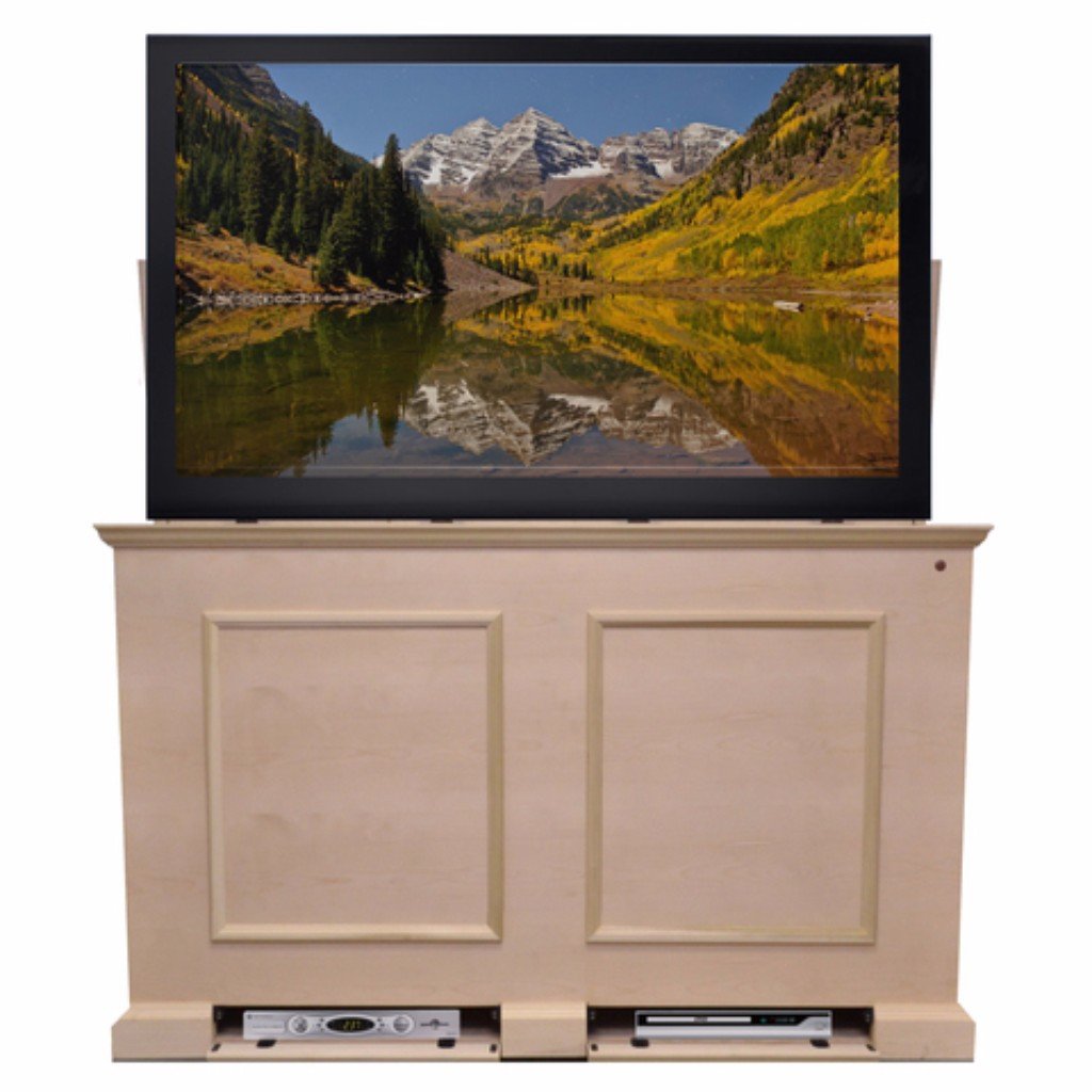 Grand Elevate 74009 Unfinished TV Lift Cabinet for 65 inch Flat screen TVs pictured with a TV.