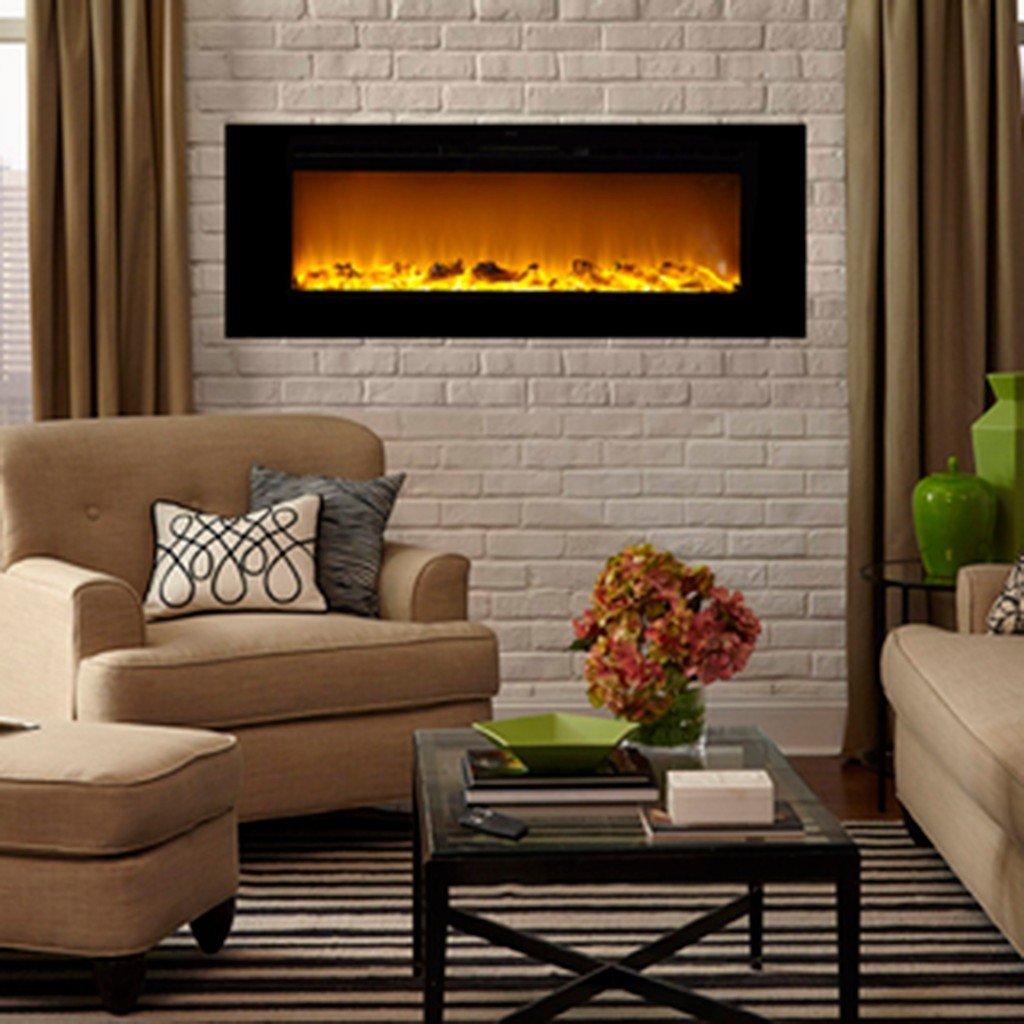 Sideline 60 80011  Recessed Electric Fireplace turned on, on a brick wall.