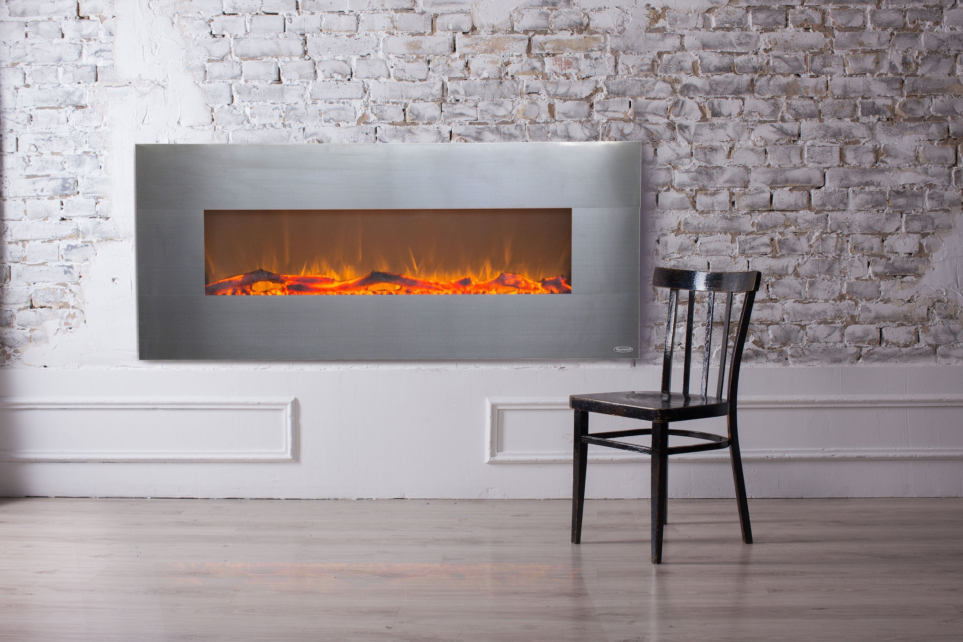 Onyx Stainless 80026  Refurbished Wall Mounted Electric Fireplace brick wall.