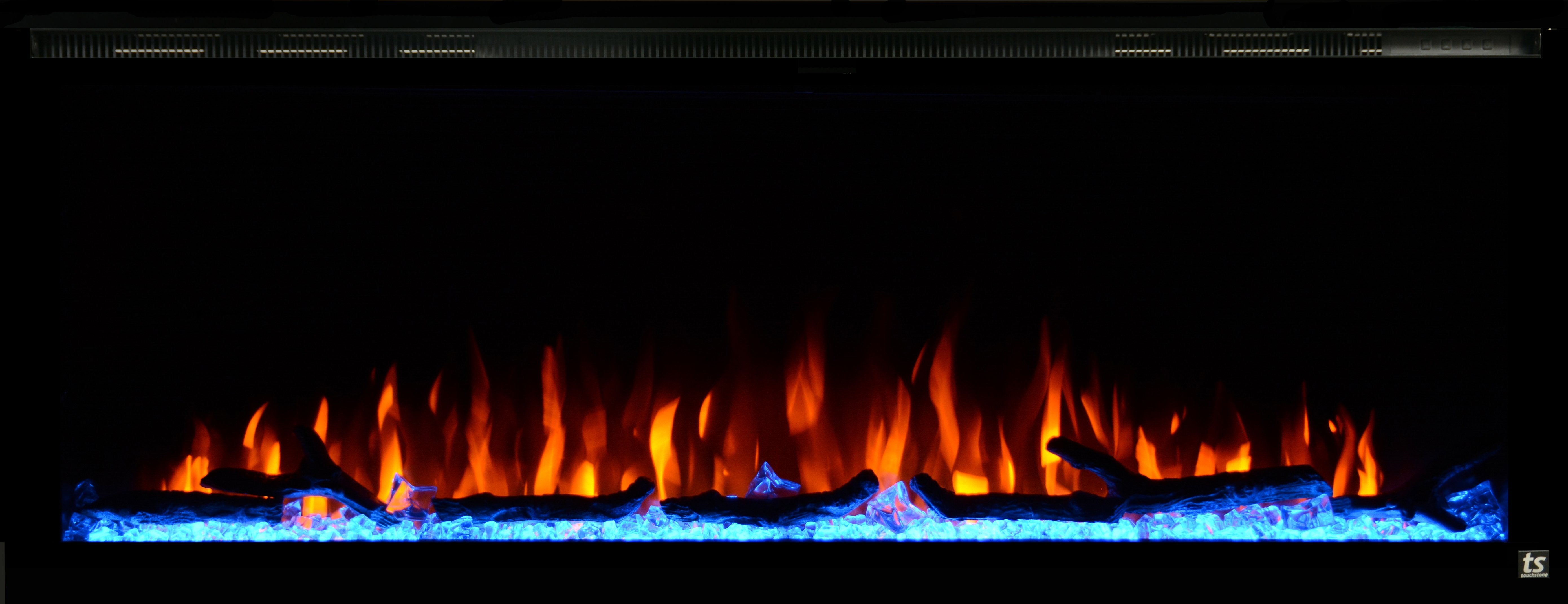 Sideline Elite 72 Refurbished Recessed Electric Fireplace orange flames with blue.
