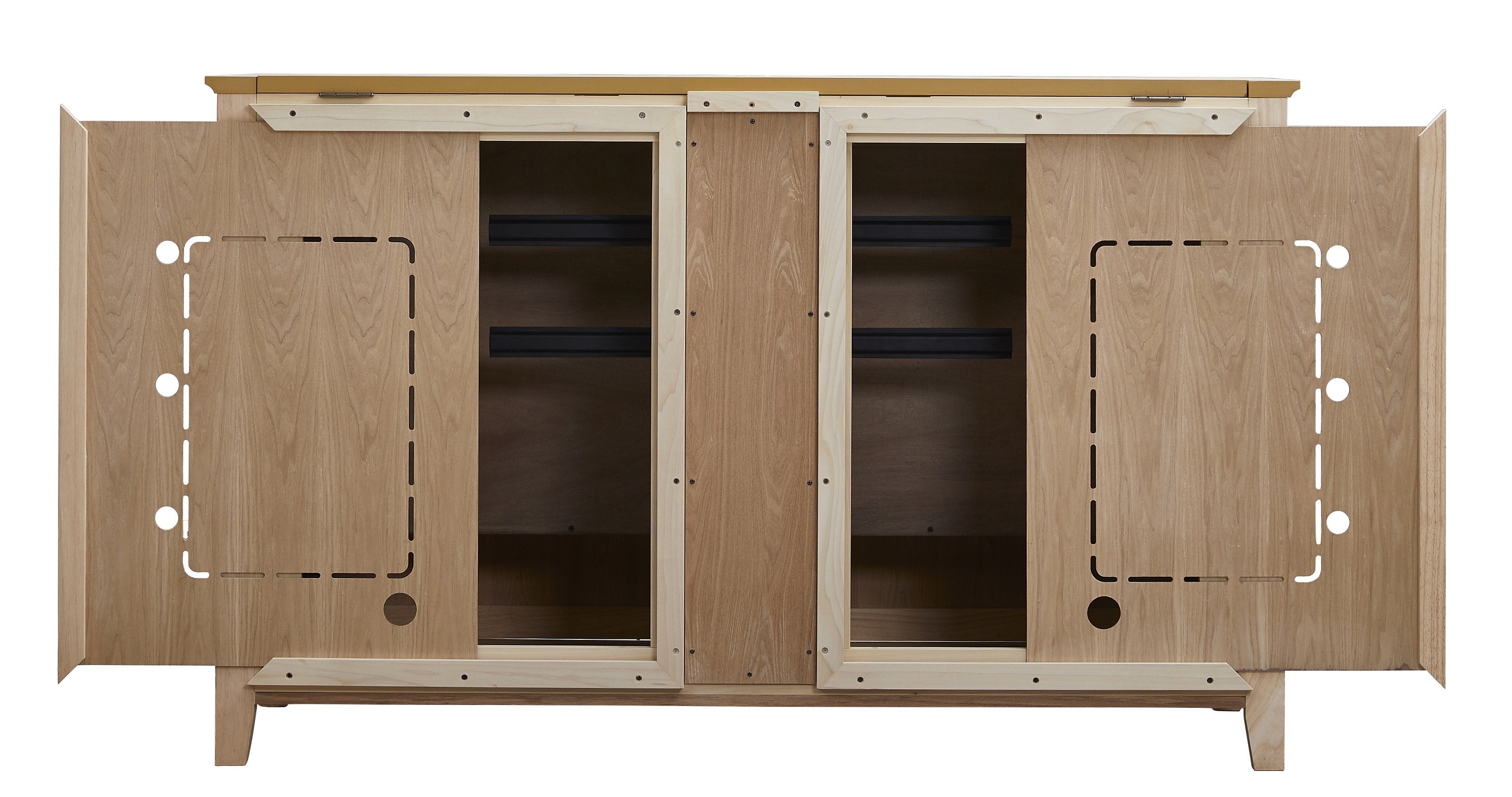 The Claymont Unfinished 70163 TV Lift Cabinet for 65 inch Flat screen TVs opened from the back.