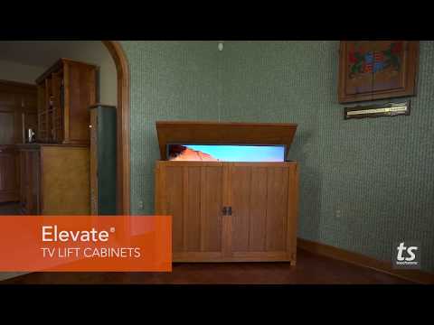 The Elevate 72009 Honey Oak Smart TV Lift Cabinet for 50 Inch Flat screen TVs