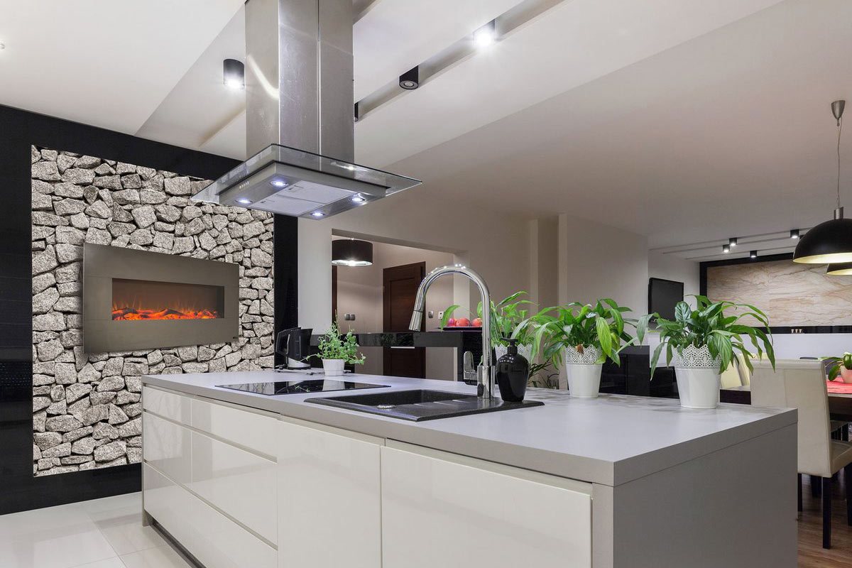 Touchstone Onyx Stainless Wall Mount Electric Fireplace in kitchen