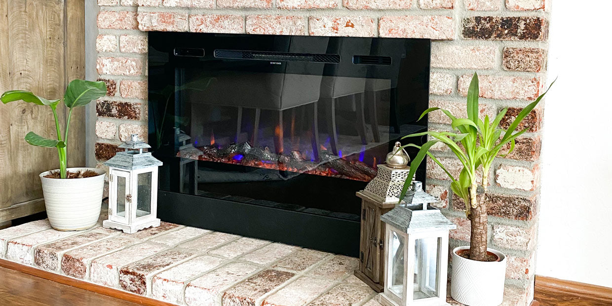 Touchstone Sideline 40 electric fireplace in a wood burning brick fireplace conversion by @pretty.and.functional