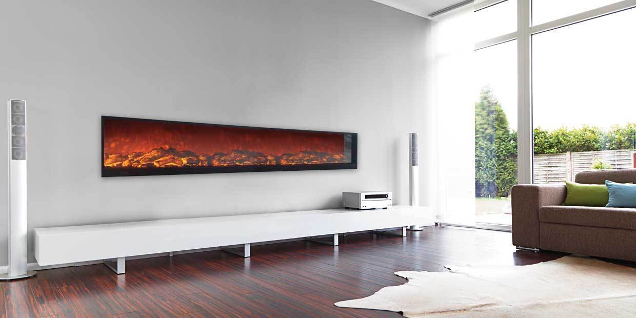 Touchstone Emblazon 96 Electric Fireplace offers a frameless edge to edge flame display.