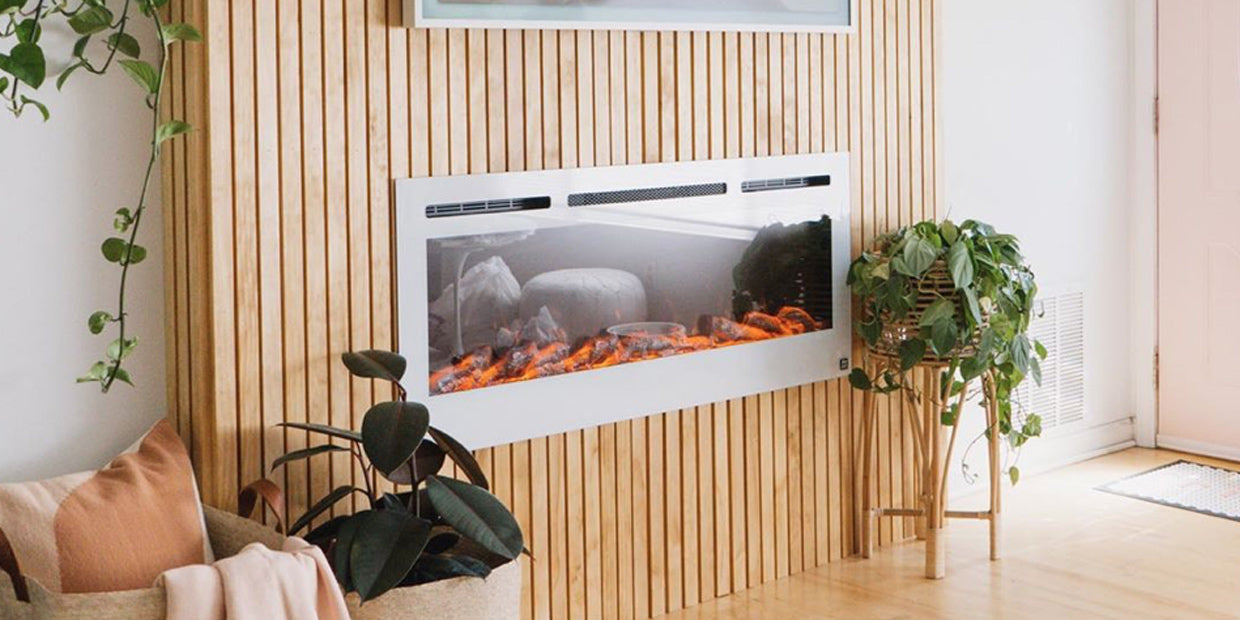 Touchstone Sideline White Electric Fireplace in slat wall by @peonyandhoney
