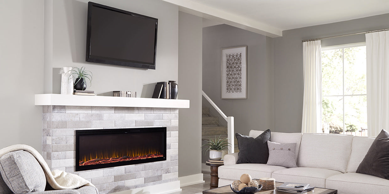 Touchstone Sideline Elite Electric Fireplace with television mounted above
