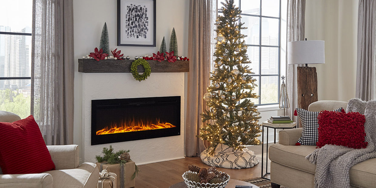 Touchstone Sideline Electric Fireplace with festive holiday Encase Mantel
