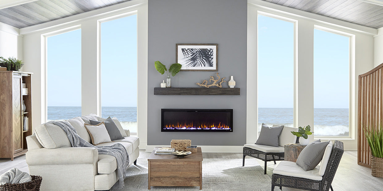 Touchstone Sideline Elite 72 Electric Fireplace with WiFi in a beach house