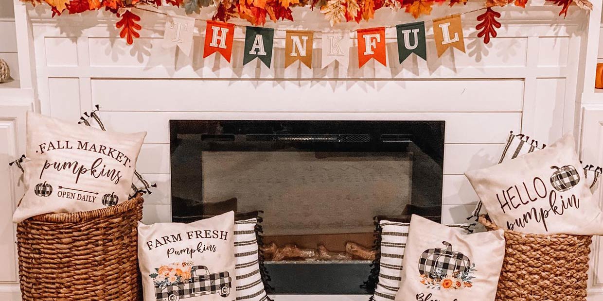 Touchstone Forte Electric Fireplace recessed in a shiplap wall with Thanksgiving decor by @adamspartyofsix