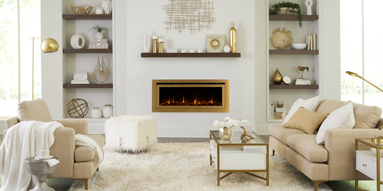 Touchstone Sideline Gold Smart Electric Fireplace glows in the glam style living room