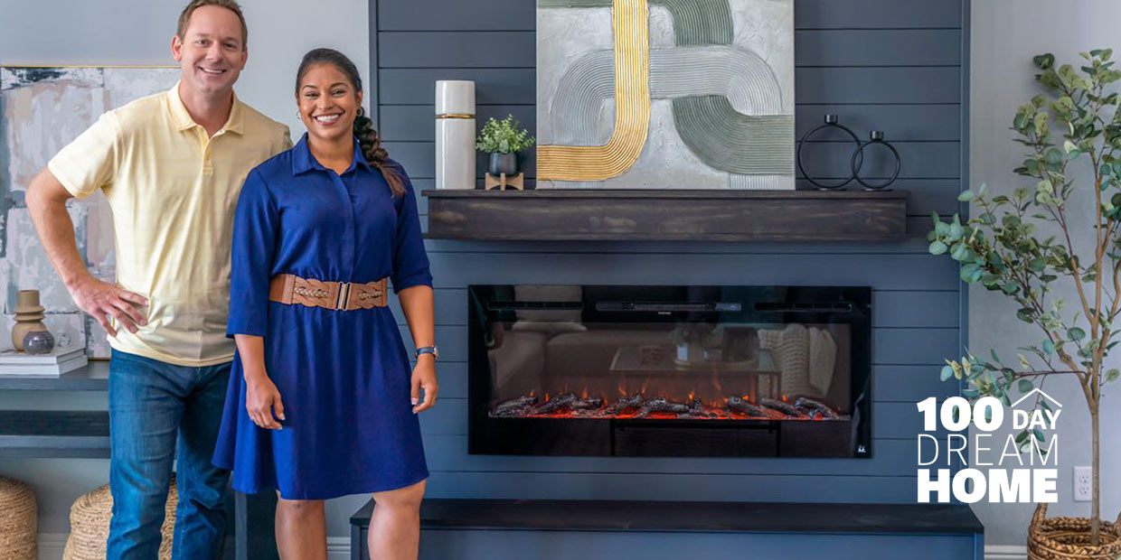 Touchstone Sideline 50 Electric Fireplace in dark gray shiplap fireplace accent wall featured in HGTV 100 Day Dream Home Season 4 Episode 6