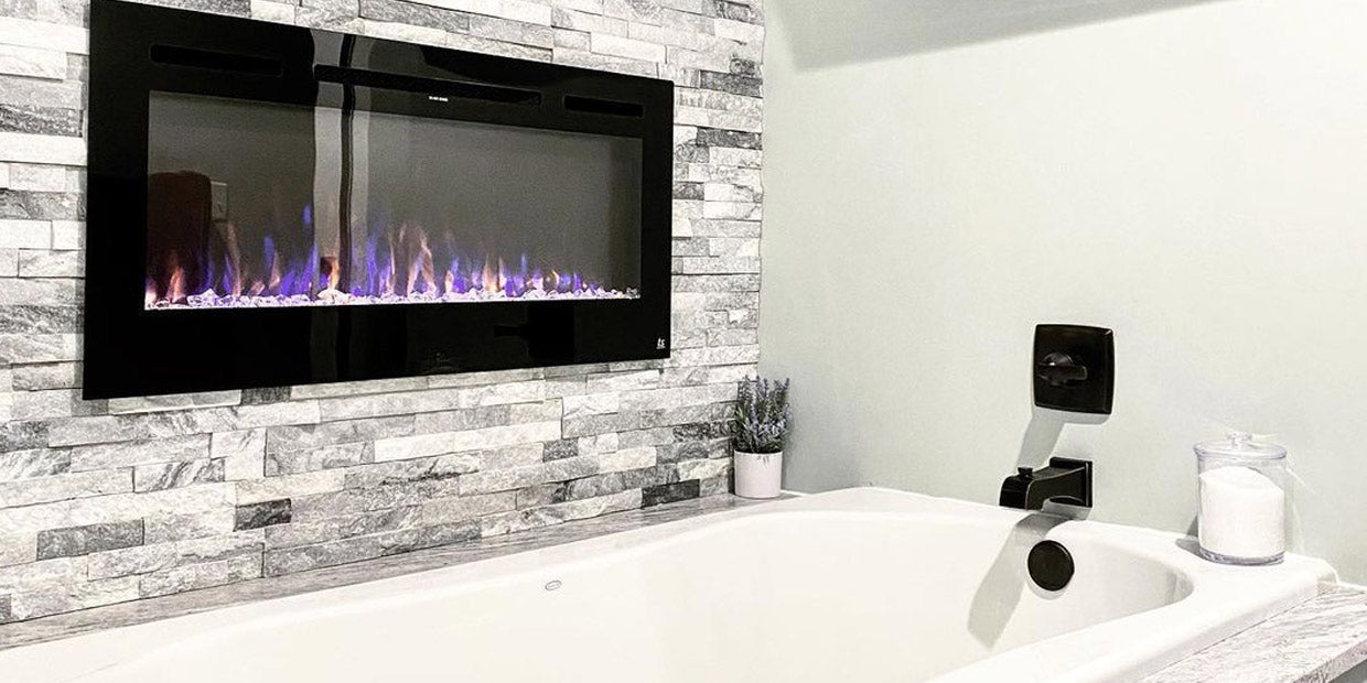 Touchstone Sideline 36 Electric Fireplace in farmhouse style bathroom by @robertsbarndolife