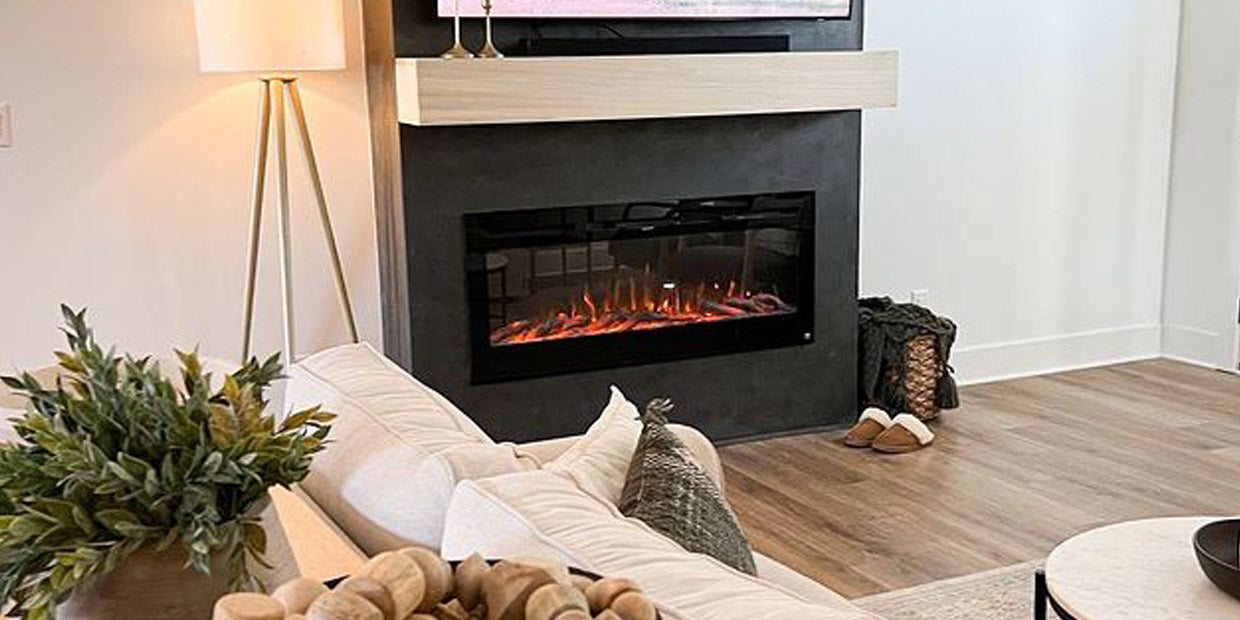 Touchstone Sideline 50 Electric Fireplace in dark gray accent wall @oliveandoakhome