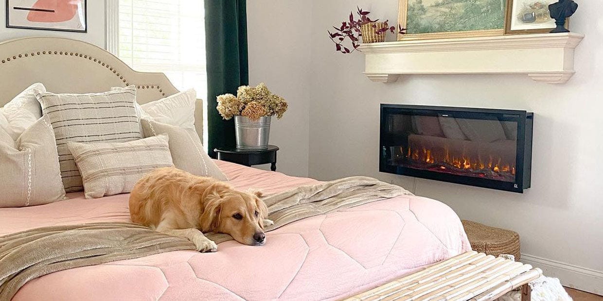 Touchstone Sideline Smart Electric Fireplace mounted directly on the wall by @interiorswag 