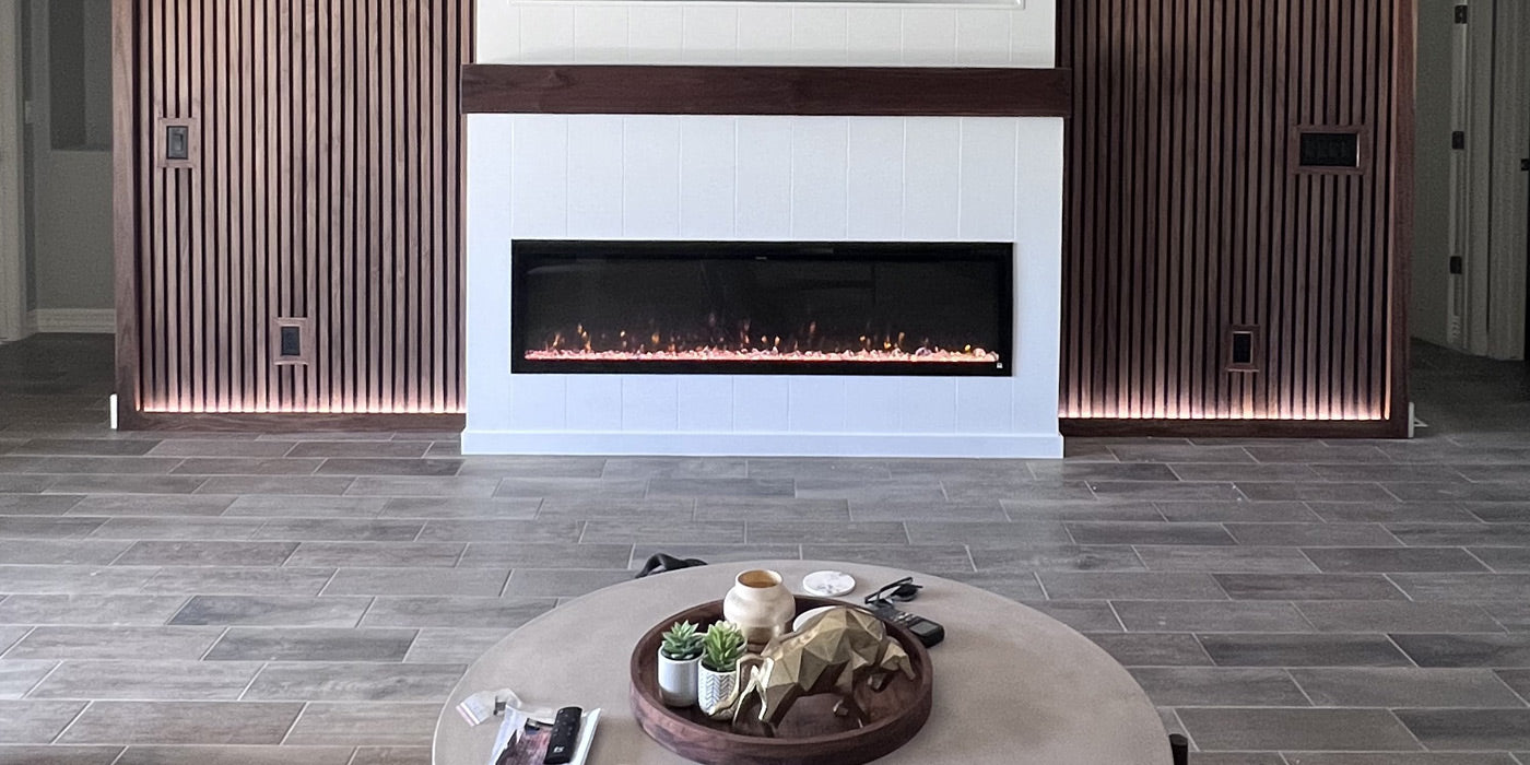 Touchstone Sideline Elite 72 inch smart electric fireplace in walnut slat accent wall by Rust and Oak, Arizona