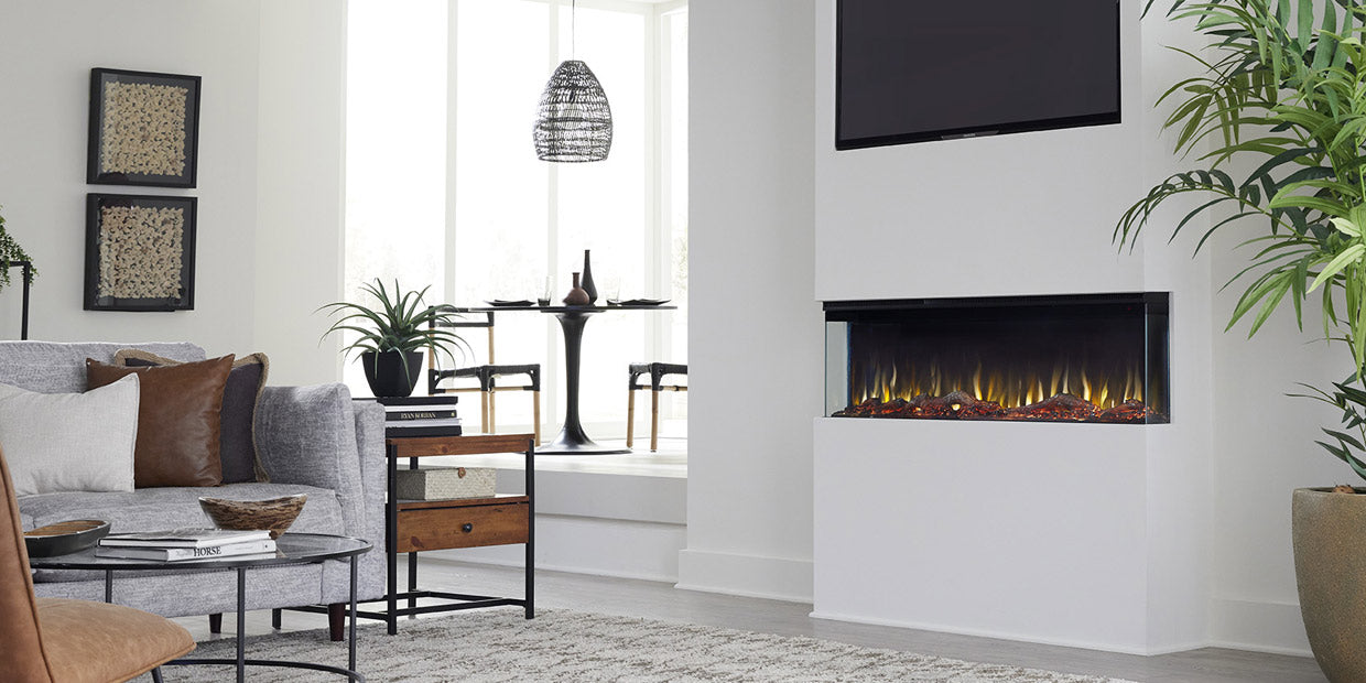 Touchstone Sideline Infinity Three Sided Smart Electric Fireplace in a bump out wall with 3 sides showing