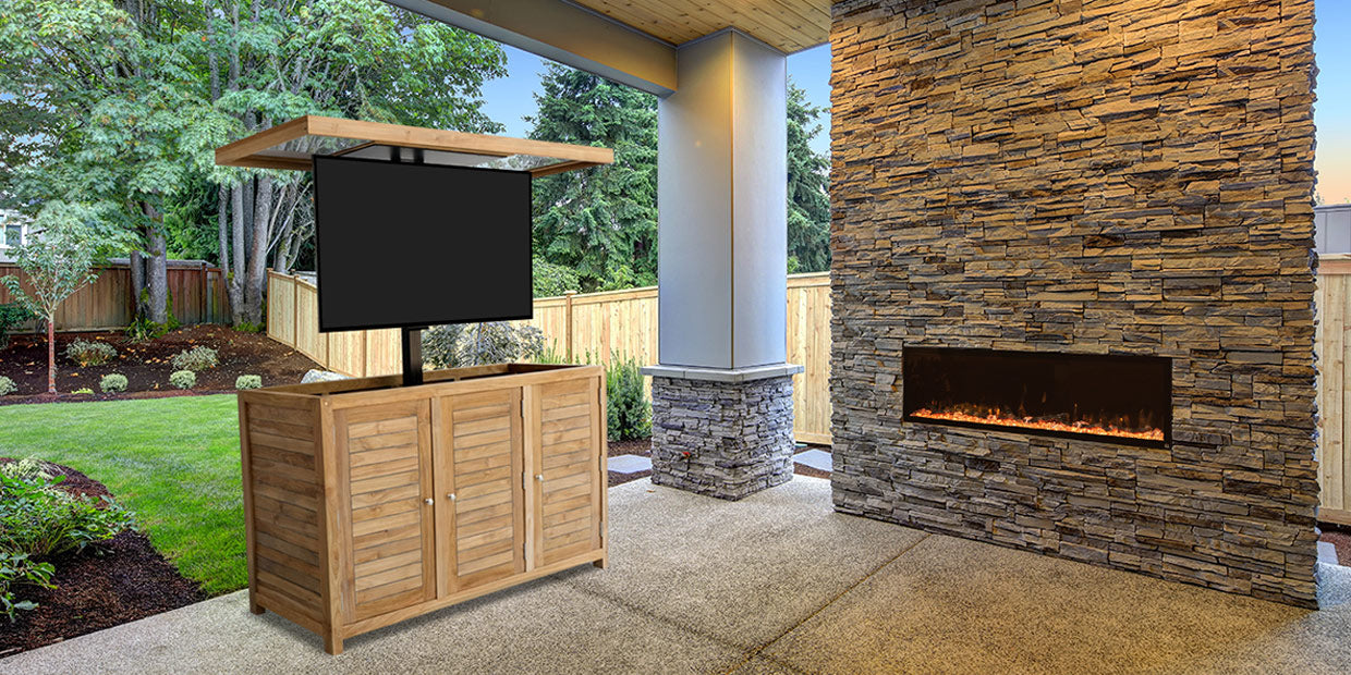 Touchstone TechTeak Outdoor TV Lift Cabinet on patio with Touchstone outdoor electric fireplace