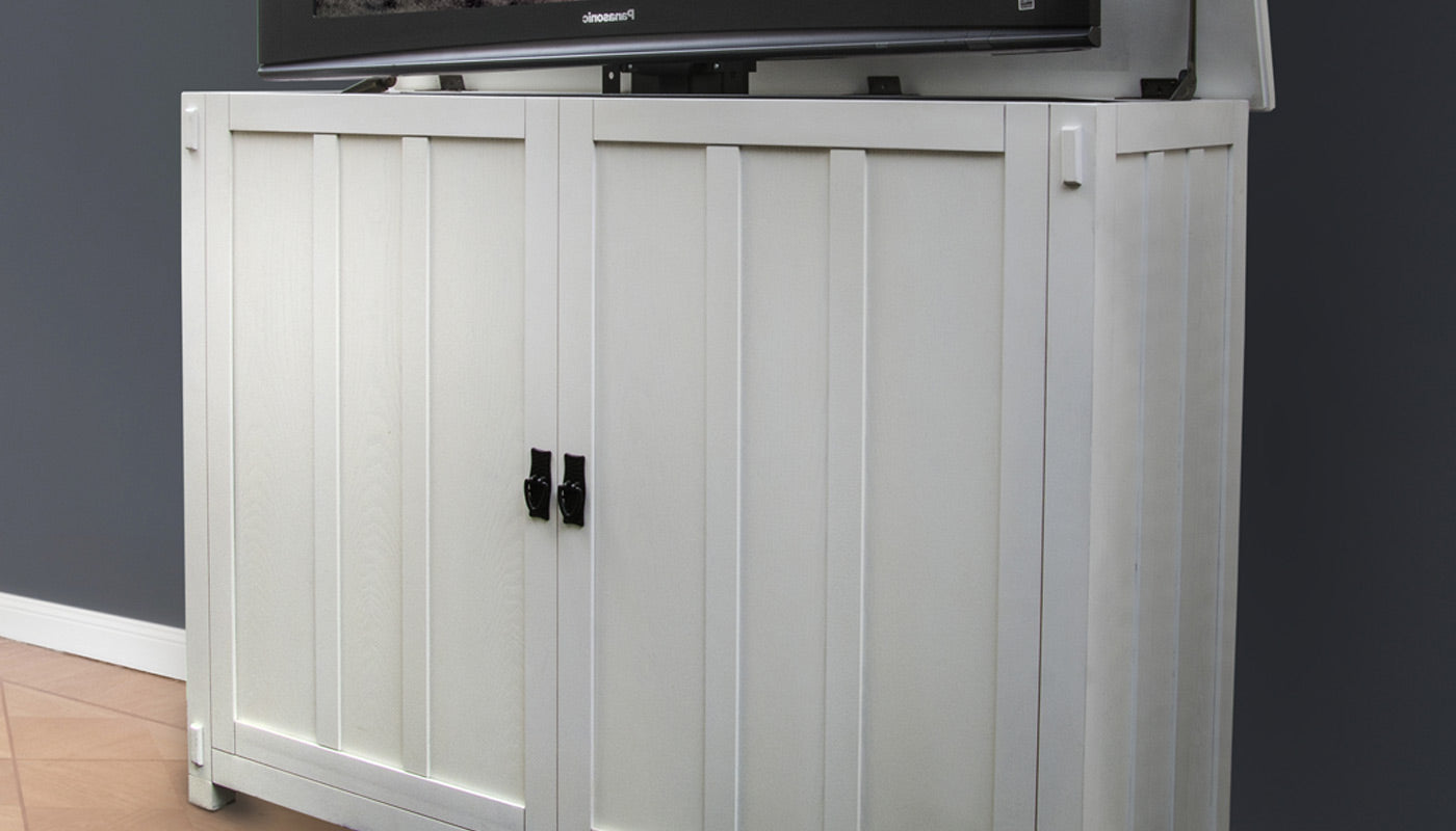 Touchstone Mission TV Lift Cabinet blends with modern farmhouse style