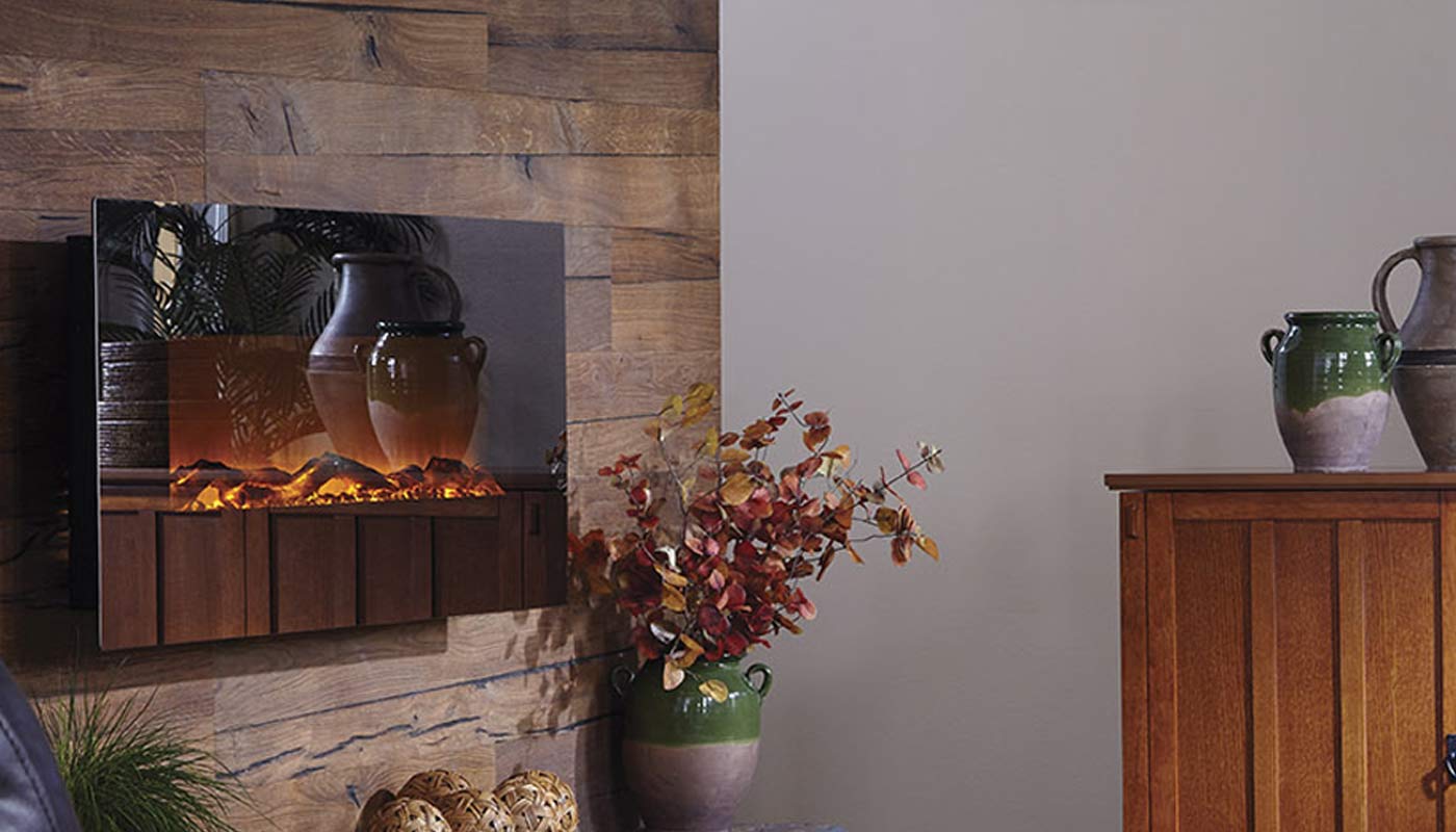 Touchstone Onyx Mirror Glass Electric Fireplace reflects the living room