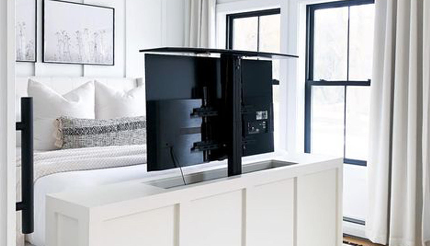 Touchstone SRV Pro TV Lift in white end of bed cabinet by @theverestplace