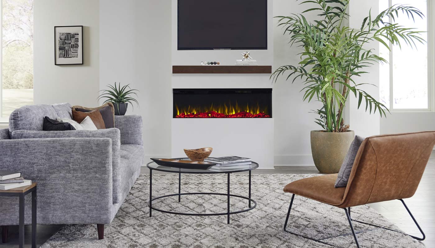Touchstone Encase Wood Mantel Floating Shelf is mounted above the Touchstone Sideline Infinity 60 inch electric fireplace