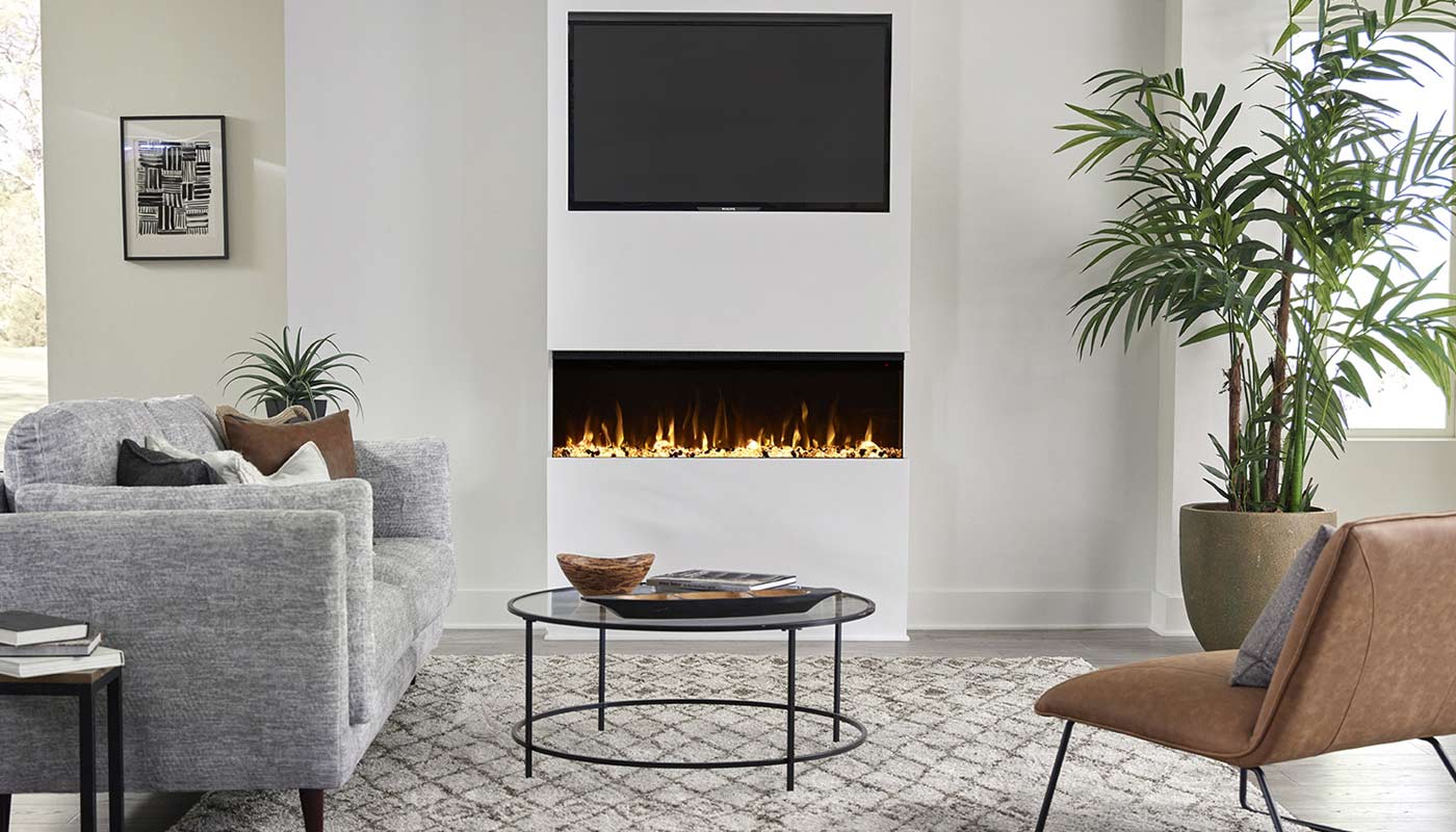 Touchstone Sideline Infinity Smart Electric Fireplace front view in a modern living room